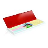 Porta notas de plastico con mini block de papel, 3 tiras de colores y juego de clips
