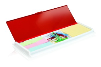 PORTA NOTAS DE PLASTICO CON MINI BLOCK DE PAPEL, 3 TIRAS DE COLORES Y JUEGO DE CLIPS | Articulos Promocionales