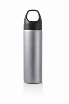 CILINDRO DE ACERO INOXIDABLE PULIDO CON TAPA NEGRA DE PLASTICO CON ARO INTERIOR DE SILICON | Articulos Promocionales