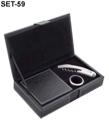 SET DE ACCESORIOS PARA VINO EN ESTUCHE DE CURPIEL CON PORTAVASOS | Articulos Promocionales