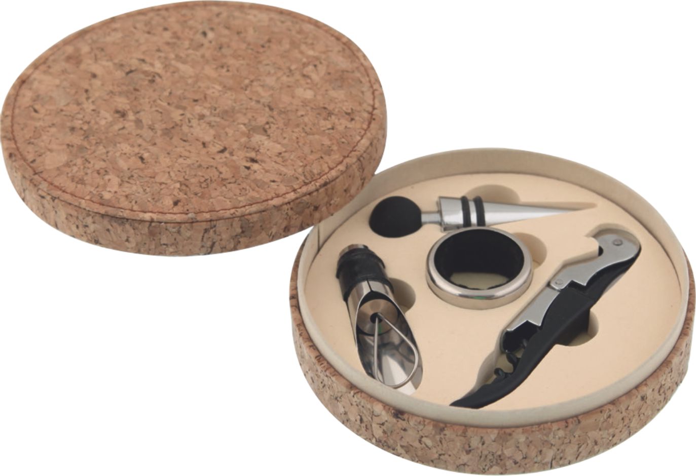 Set de accesorios metálicos para vino en estuche de corcho | Articulos Promocionales