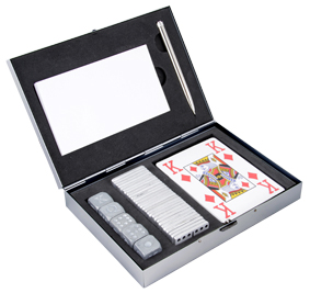 SET DE NAIPES Y DADOS METALICOS EN ESTUCHE DE ALUMINIO | Articulos Promocionales